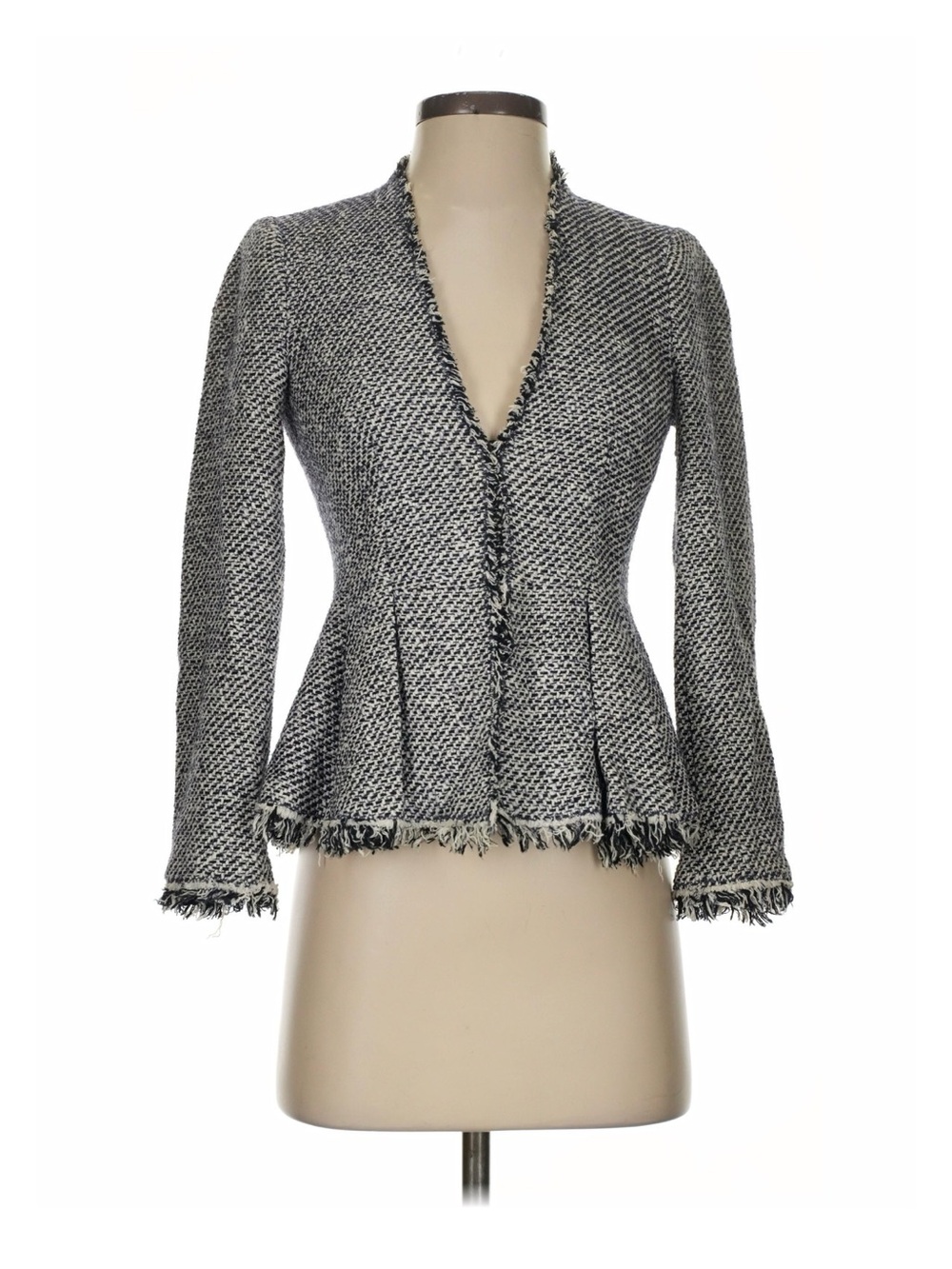 Rebecca Taylor Lurex Tweed Peplum Blazer Jacket Gray Fringe Boucle Feminine